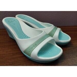 Crocs Sassari Wedge Sandals Slides Aqua/White/Green Women's US Size 9